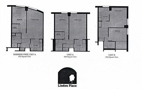 Three floor plans for a building named Linden Place.
